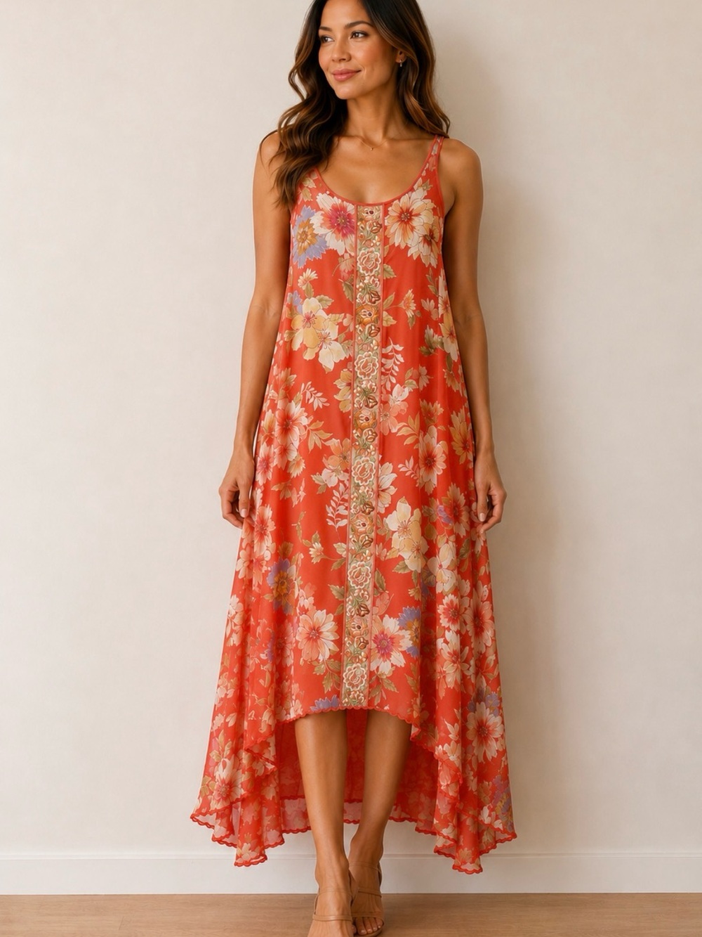 Johnny Was Coral Floral High-Low Slip Dress, Embroidered Center trim